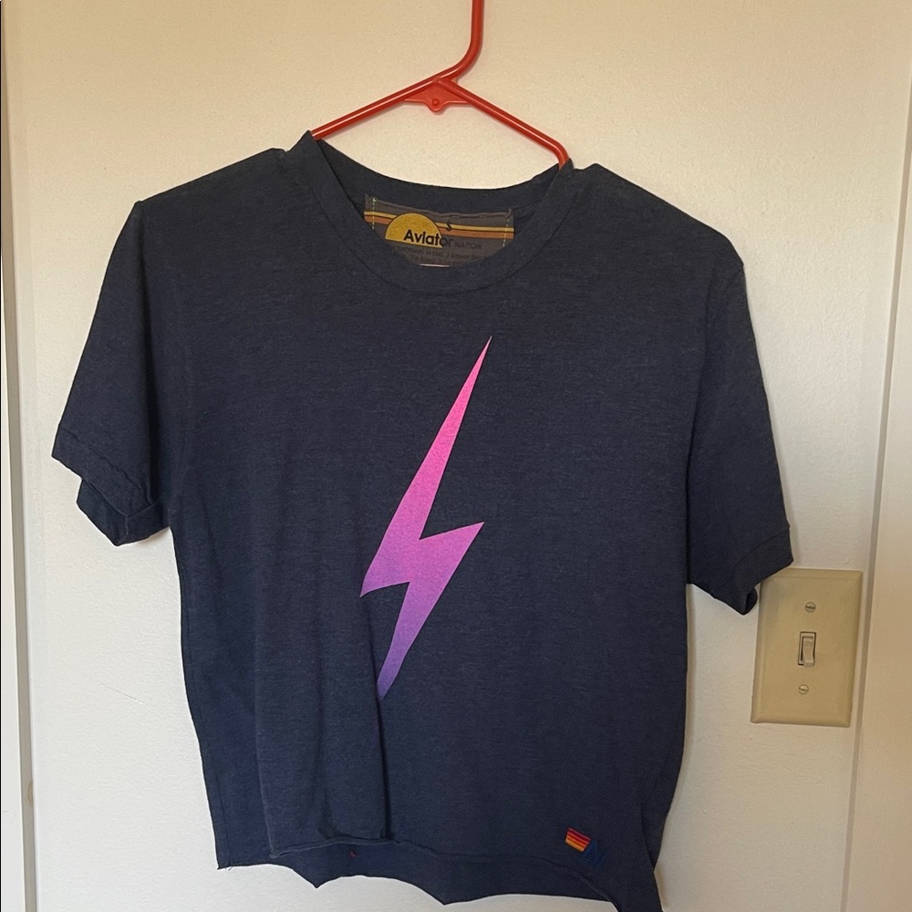 Aviator Nation Navy T-Shirt with Pink Lightning Bolt
